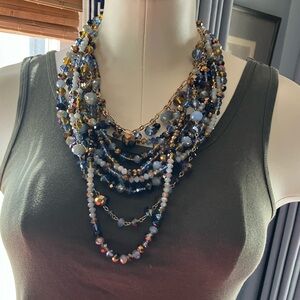 Glass Multi-Strand Blue and Gold Beaded Statement Necklace- Very Sparkly!